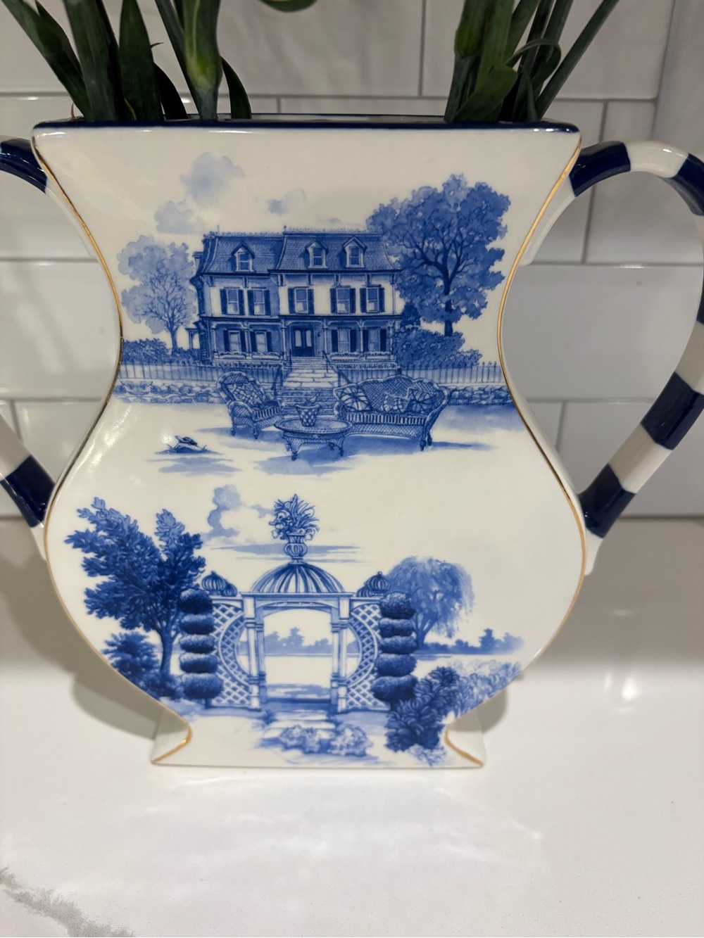 Mackenzie Childs royal toile handled vase pristine